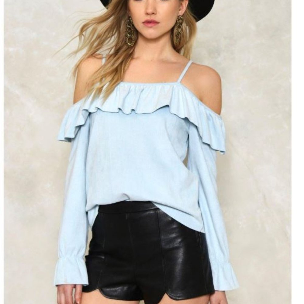 Blue Ruffle Faux Sued Off the Shoulder Top Size M